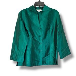 Charlotte Kellogg Palm Beach 100% Silk Button Front Blouse XL Emerald Green